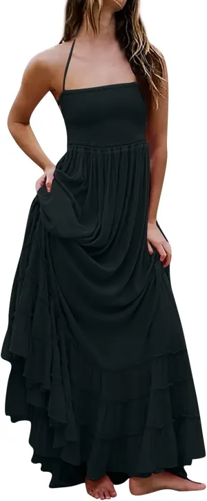 Women's Summer Spaghetti Straps Sleeveless Backless Sundress Flowy Smocked Lace Swing A Line Midi Tank Dress
