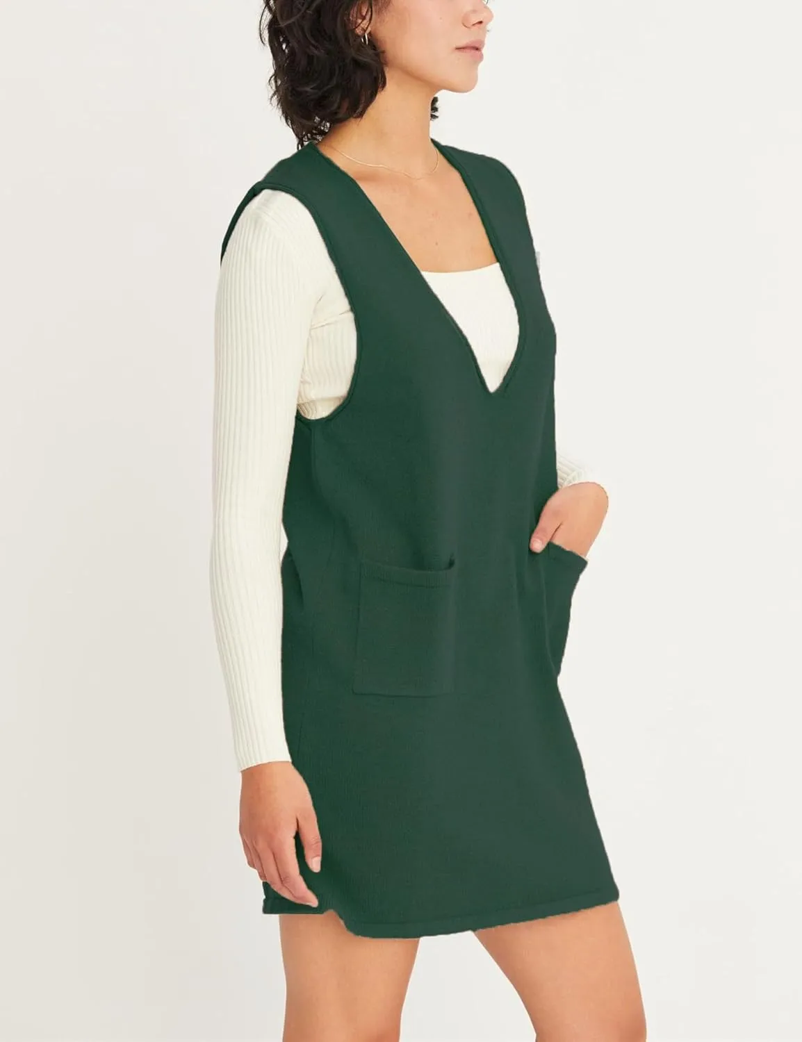 Womens Sweater Vest Dress V Neck Sleeveless Knit Pullover Pinafore Mini Dress with Pockets