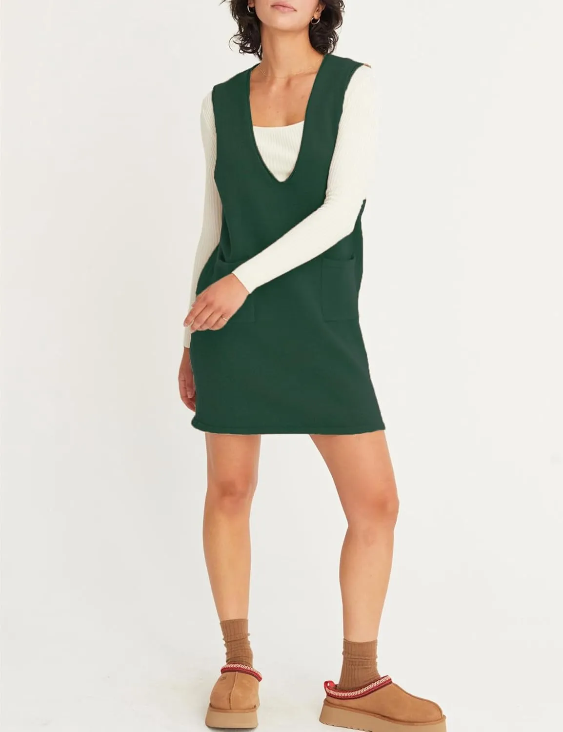 Womens Sweater Vest Dress V Neck Sleeveless Knit Pullover Pinafore Mini Dress with Pockets