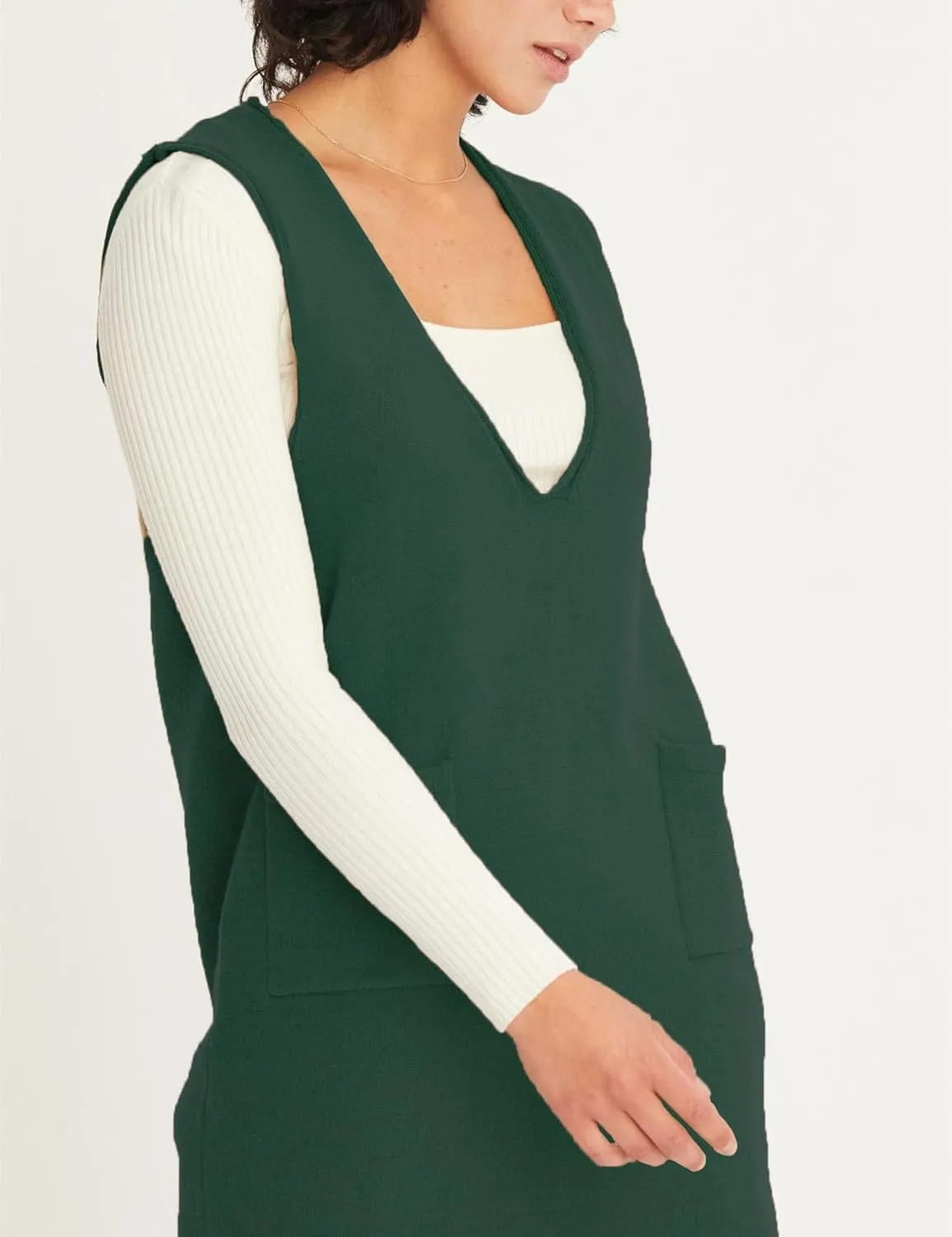 Womens Sweater Vest Dress V Neck Sleeveless Knit Pullover Pinafore Mini Dress with Pockets