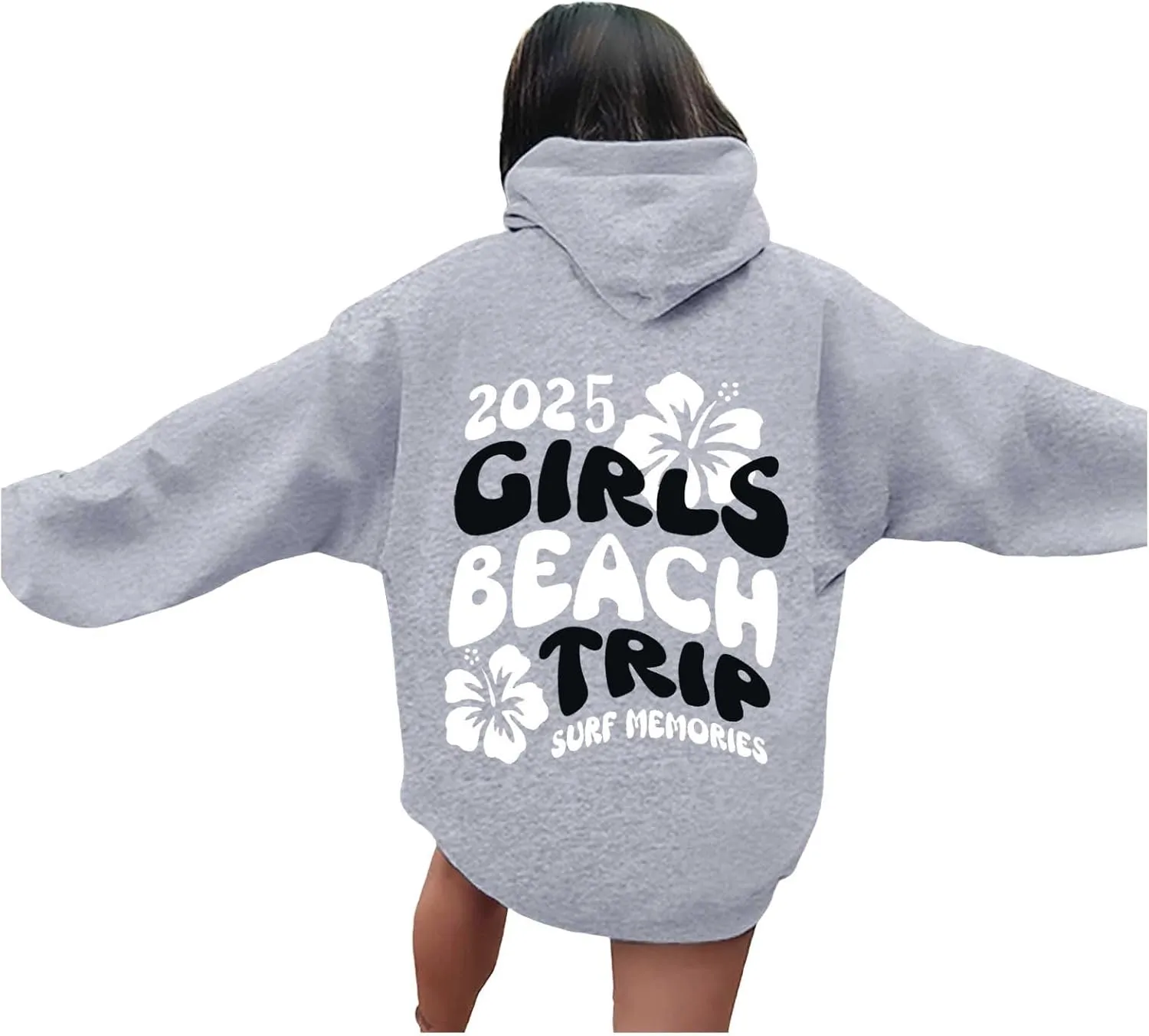 Womens Sweatshirts 2025 Girls Beach Trip Print Sweatshirt Women's Oversized Hoodies Long Sleeve Tops Pullover Fall Outfits Winter Clothes White Hoodie Women Light Gray Small