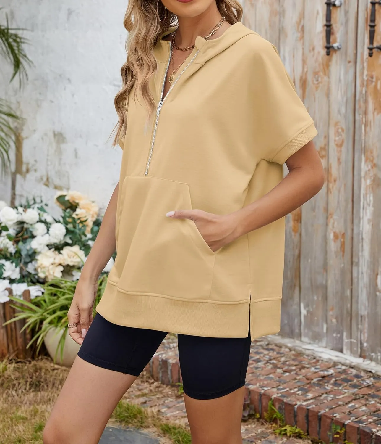 Womens Tops Oversized Tee Shirts 1/4 Zip Hoodie Casual Loose Summer Blouses Short Sleeve Tshirts Y2K Outfits