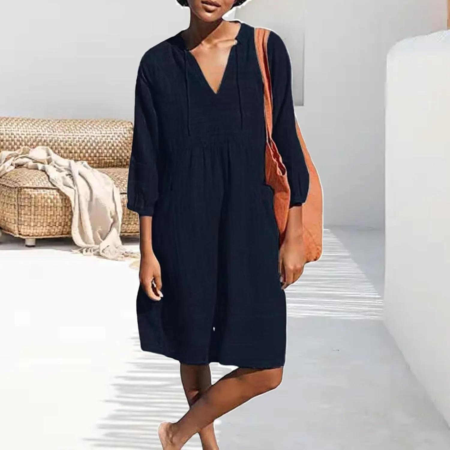 Womens V Neck Cotton Dress 3/4 Sleeve Midi Beach Dress Loose Fit Flowy Shirt Sundress with Pockets
