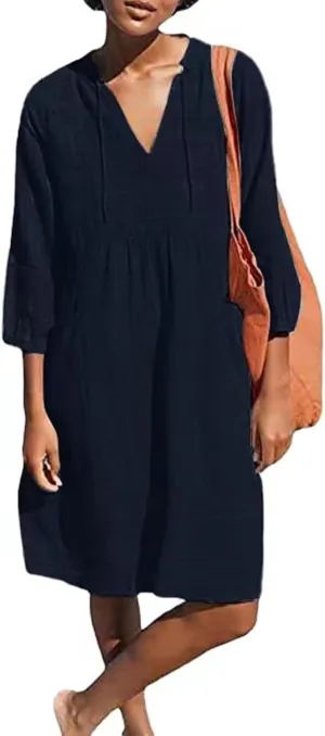 Womens V Neck Cotton Dress 3/4 Sleeve Midi Beach Dress Loose Fit Flowy Shirt Sundress with Pockets