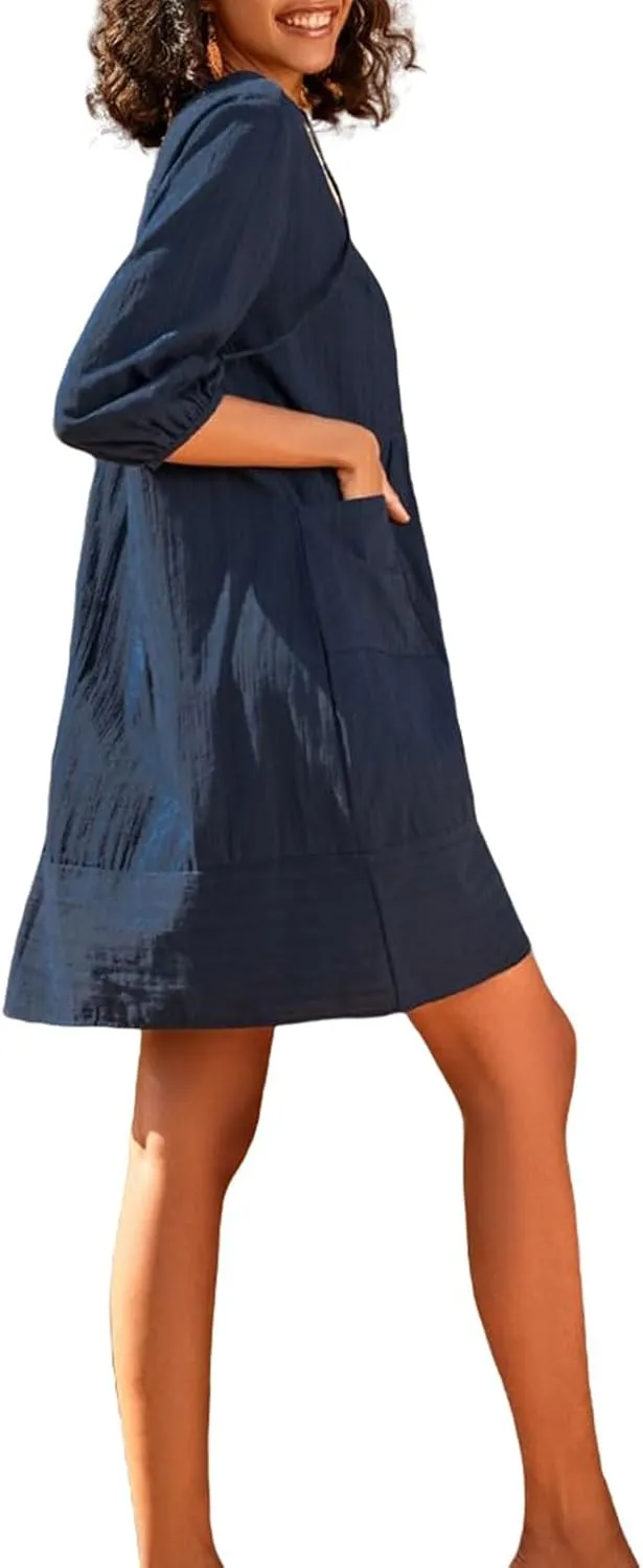 Womens V Neck Cotton Dress 3/4 Sleeve Midi Beach Dress Loose Fit Flowy Shirt Sundress with Pockets