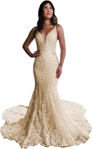 Women's V Neck Lace Applique Spaghetti Strap Wedding Dresses for Bride 2025 Beach Boho Bridal Gowns PU083
