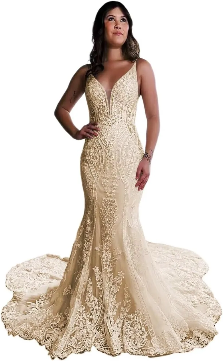 Women's V Neck Lace Applique Spaghetti Strap Wedding Dresses for Bride 2025 Beach Boho Bridal Gowns PU083