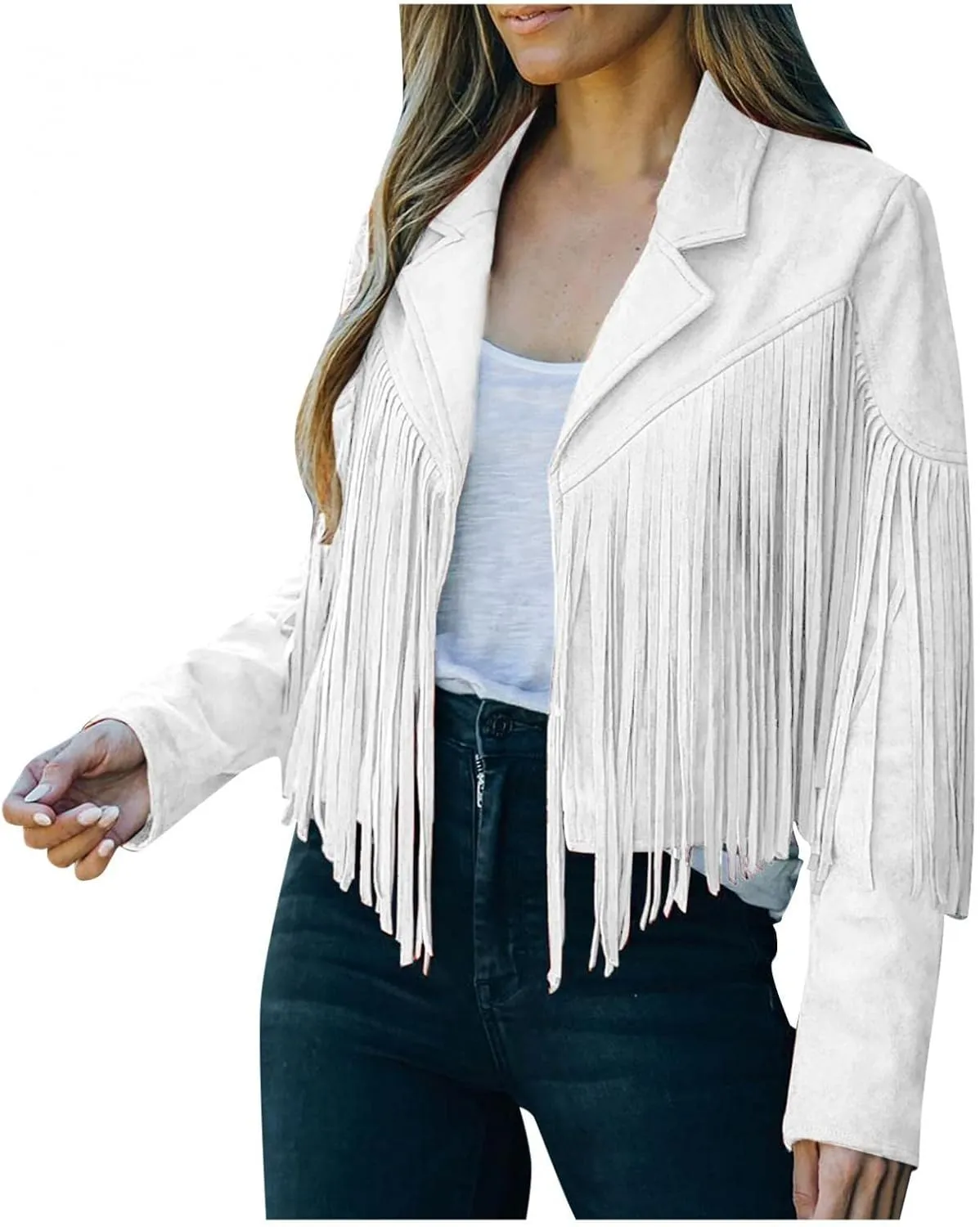 Womens Vintage Tassel Cropped Motor Biker Faux Suede Jackets Long Sleeve Hippie Boho Western Cowgirl Fringe Coat Outwear
