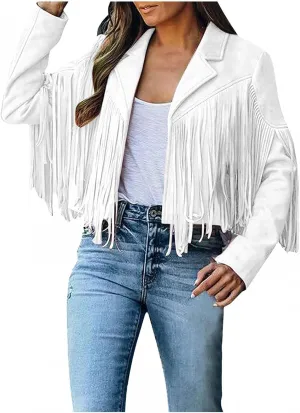 Womens Vintage Tassel Cropped Motor Biker Faux Suede Jackets Long Sleeve Hippie Boho Western Cowgirl Fringe Coat Outwear