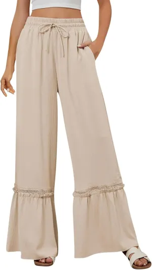 Women's Wide Leg Pants Drawstring Elastic Waist Lace Patchwork Ruffle Hem Flowy Palazzo Flared Trousers with Pockets