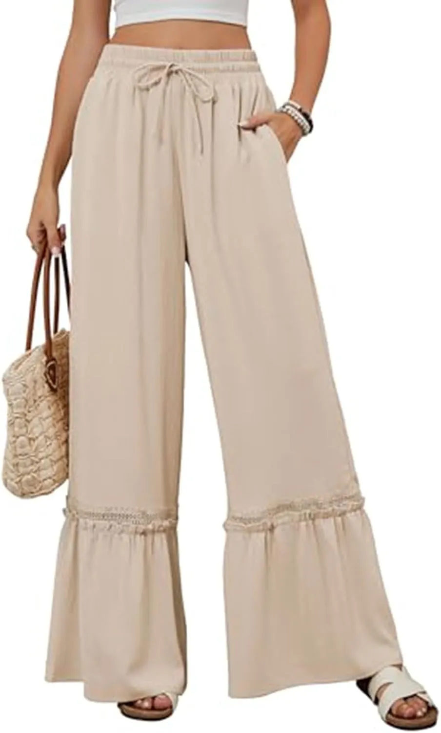 Women's Wide Leg Pants Drawstring Elastic Waist Lace Patchwork Ruffle Hem Flowy Palazzo Flared Trousers with Pockets