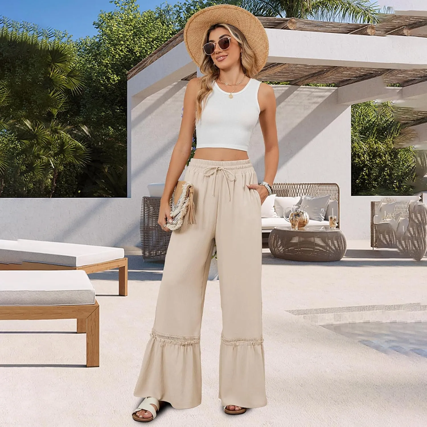 Women's Wide Leg Pants Drawstring Elastic Waist Lace Patchwork Ruffle Hem Flowy Palazzo Flared Trousers with Pockets