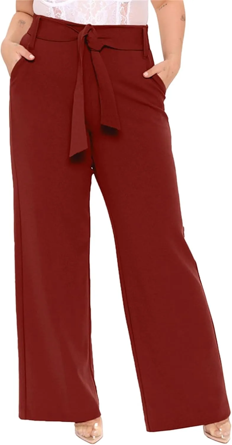 Women's Wide Leg Pants with Pockets High Waist Adjustable Knot Loose Casual Trousers Business Work Comfy Soft Pants