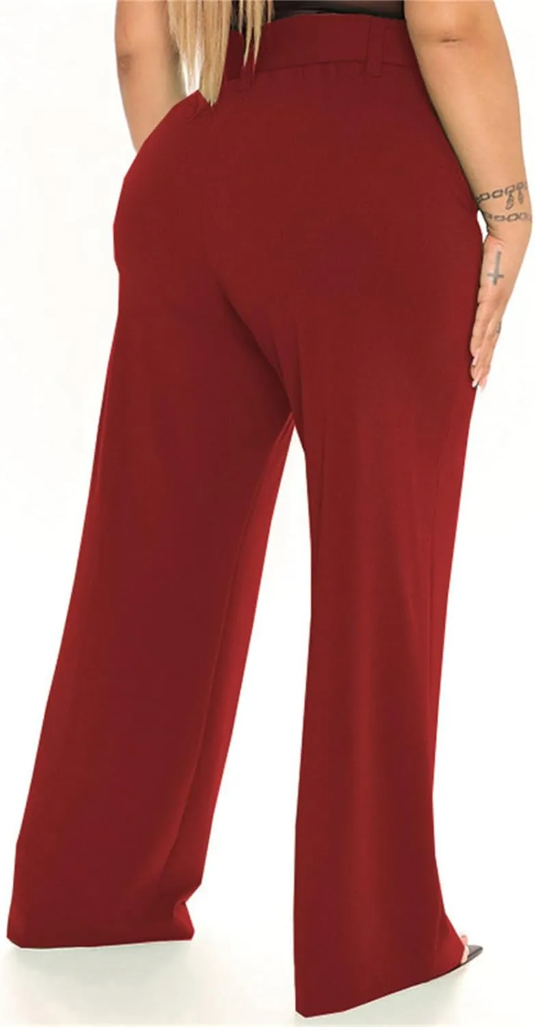 Women's Wide Leg Pants with Pockets High Waist Adjustable Knot Loose Casual Trousers Business Work Comfy Soft Pants