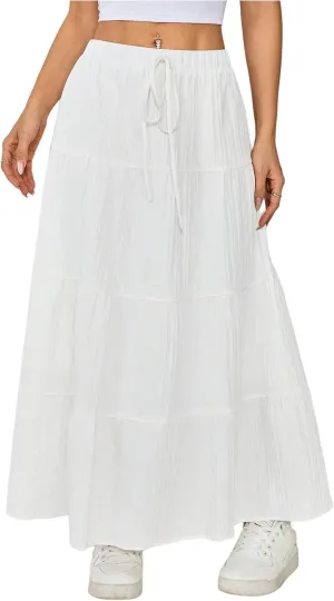 Women's Y2K Flowy Maxi Skirts Boho Ruffle High Waisted Bow Tie Front Summer Vacation A Line Long Skirts