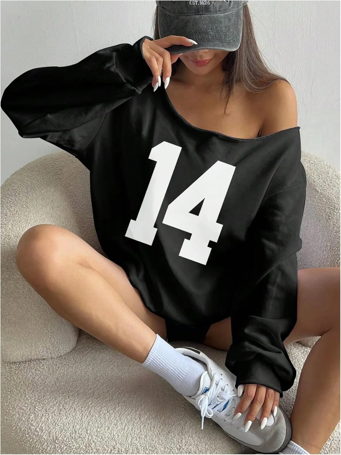 Women's Y2K Jersey Sweatshirt Number Print Off Shoulder Sweatshirt Long Sleeve Asymmetrical Shoulder Loose T Shirt