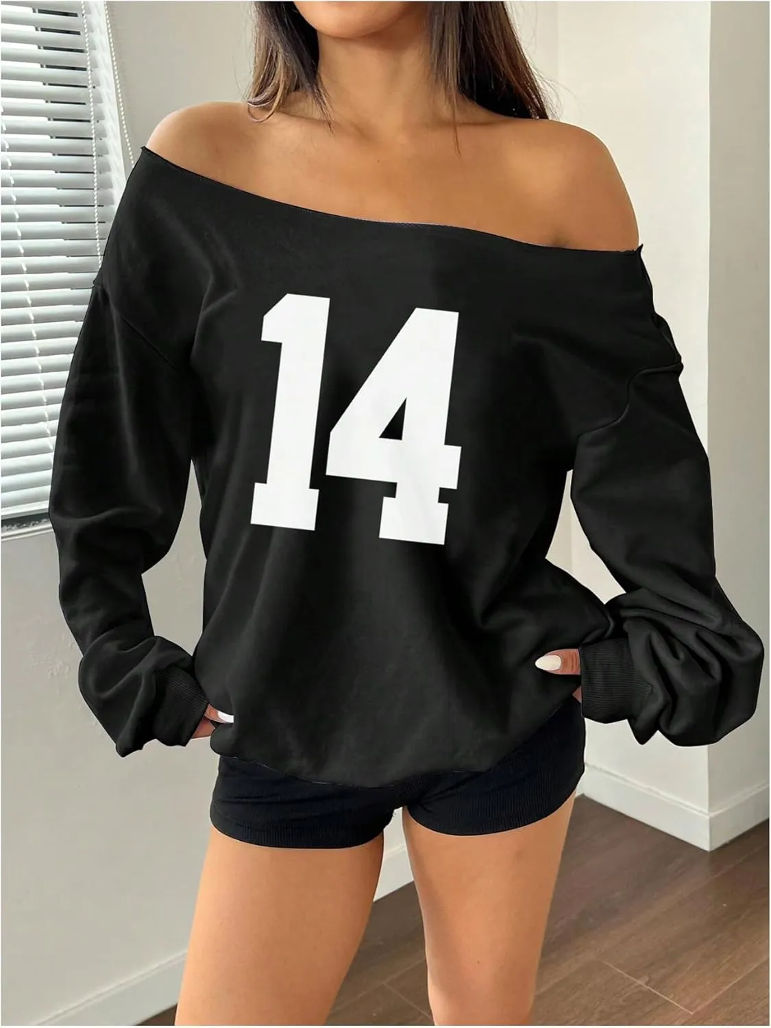 Women's Y2K Jersey Sweatshirt Number Print Off Shoulder Sweatshirt Long Sleeve Asymmetrical Shoulder Loose T Shirt