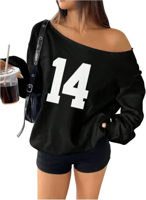 Women's Y2K Jersey Sweatshirt Number Print Off Shoulder Sweatshirt Long Sleeve Asymmetrical Shoulder Loose T Shirt