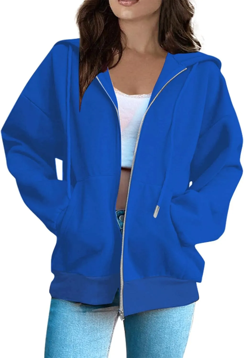 Womens Zip Up Hoodies Solid Color Long Sleeve Sweatshirts Casual Loose Lightweight Jacket with Pockets