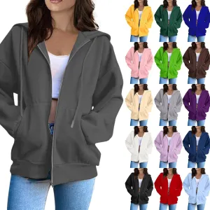 Womens Zip Up Hoodies Solid Color Long Sleeve Sweatshirts Casual Loose Lightweight Jacket with Pockets