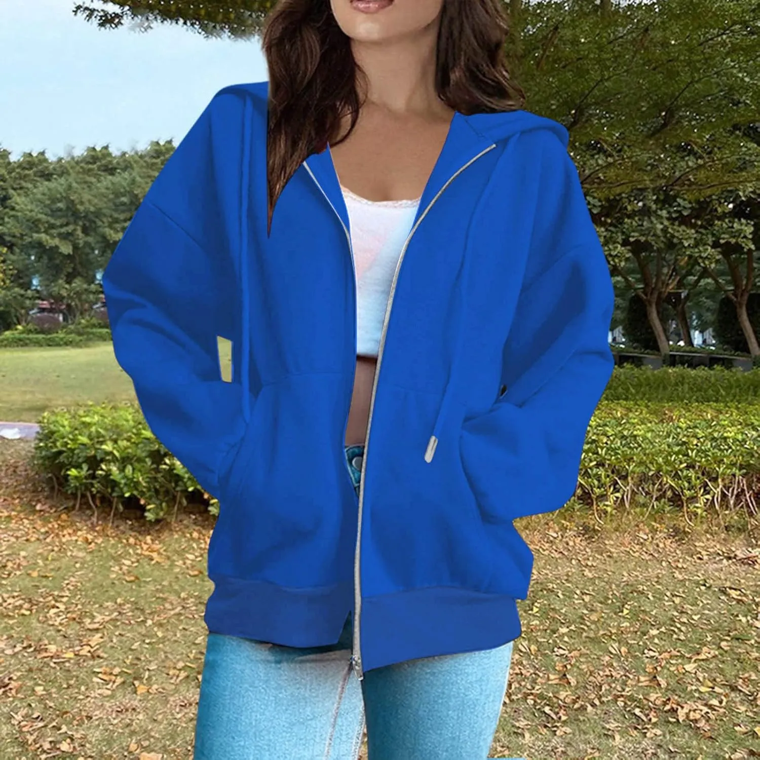 Womens Zip Up Hoodies Solid Color Long Sleeve Sweatshirts Casual Loose Lightweight Jacket with Pockets
