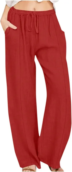 Xiaojmake Linen Pants Women Summer Boho Pants 2025 Casual Loose Drawstring Wide Leg Trousers High Waist Lounge Beach Pants