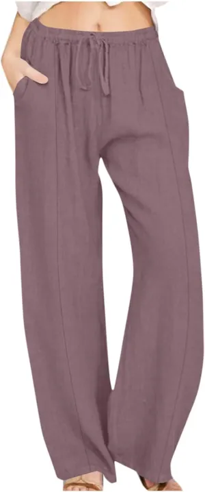 Xiaojmake Linen Pants Women Summer Boho Pants 2025 Casual Loose Drawstring Wide Leg Trousers High Waist Lounge Beach Pants