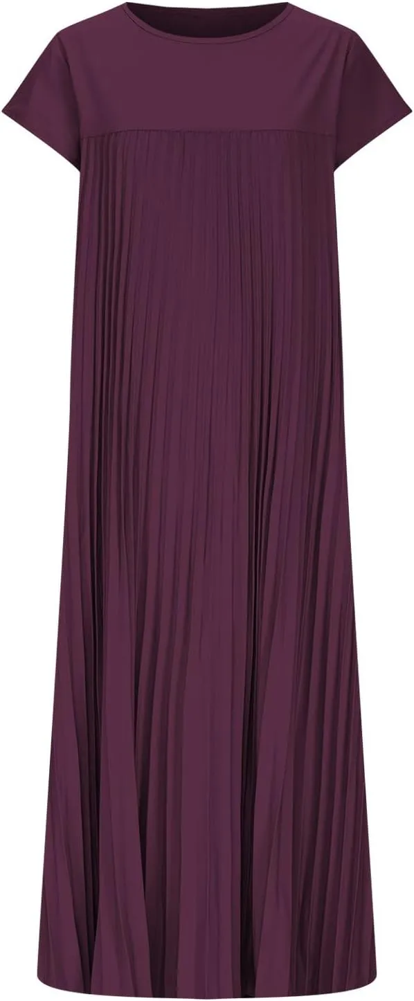 Xiaojmake Women Summer Pleated Midi Dress Plus Size Casual Cap Sleeve Crewneck Loose Flowy Swing Long Dress Hide Belly Fat
