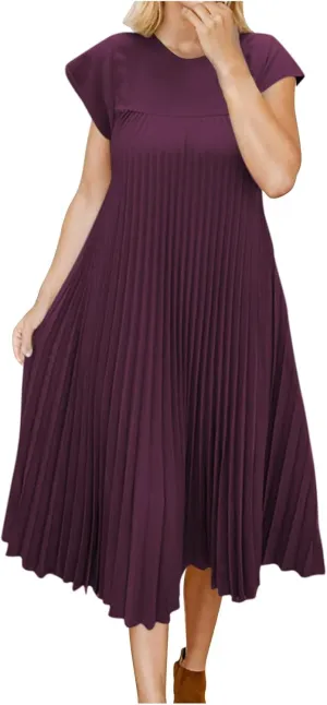 Xiaojmake Women Summer Pleated Midi Dress Plus Size Casual Cap Sleeve Crewneck Loose Flowy Swing Long Dress Hide Belly Fat