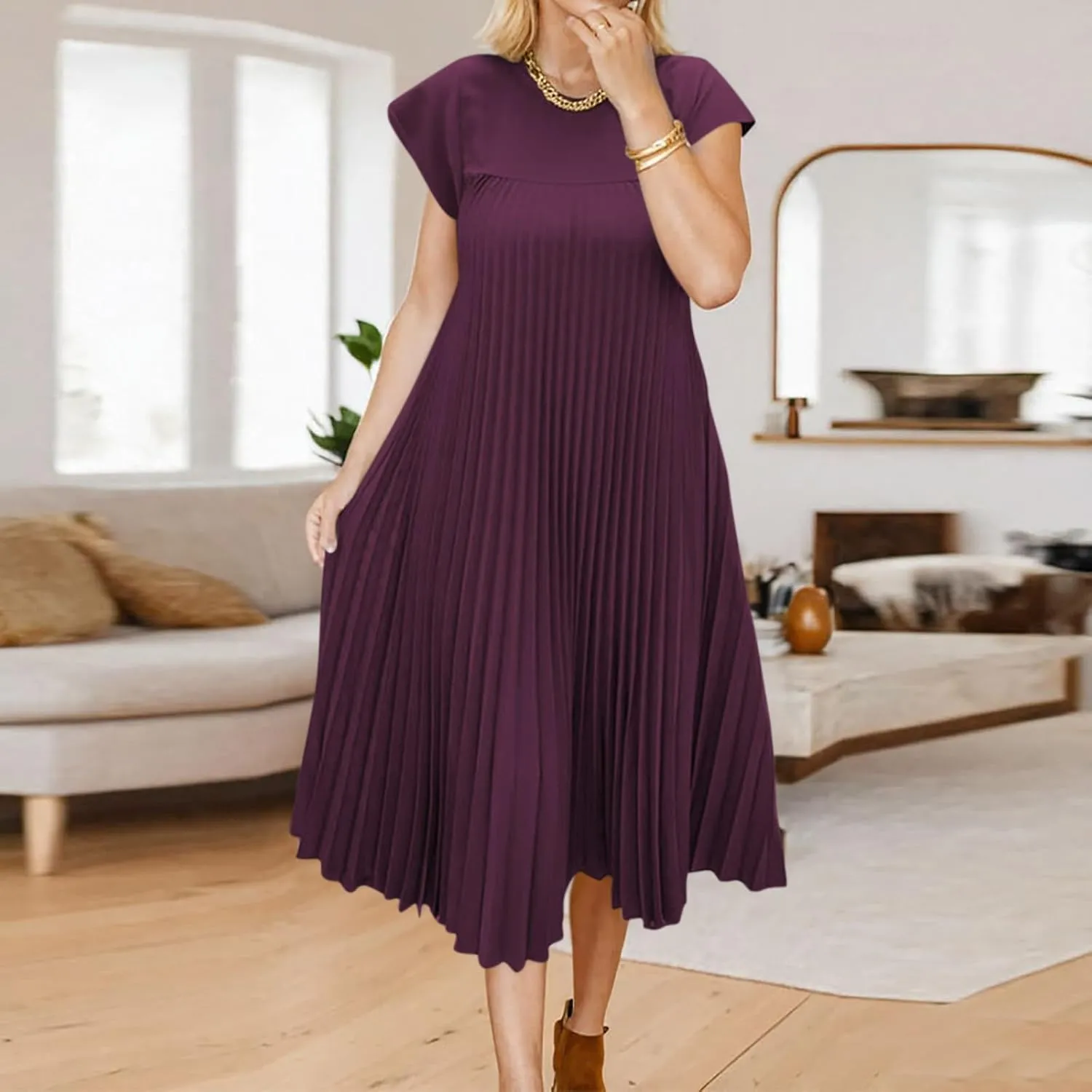 Xiaojmake Women Summer Pleated Midi Dress Plus Size Casual Cap Sleeve Crewneck Loose Flowy Swing Long Dress Hide Belly Fat