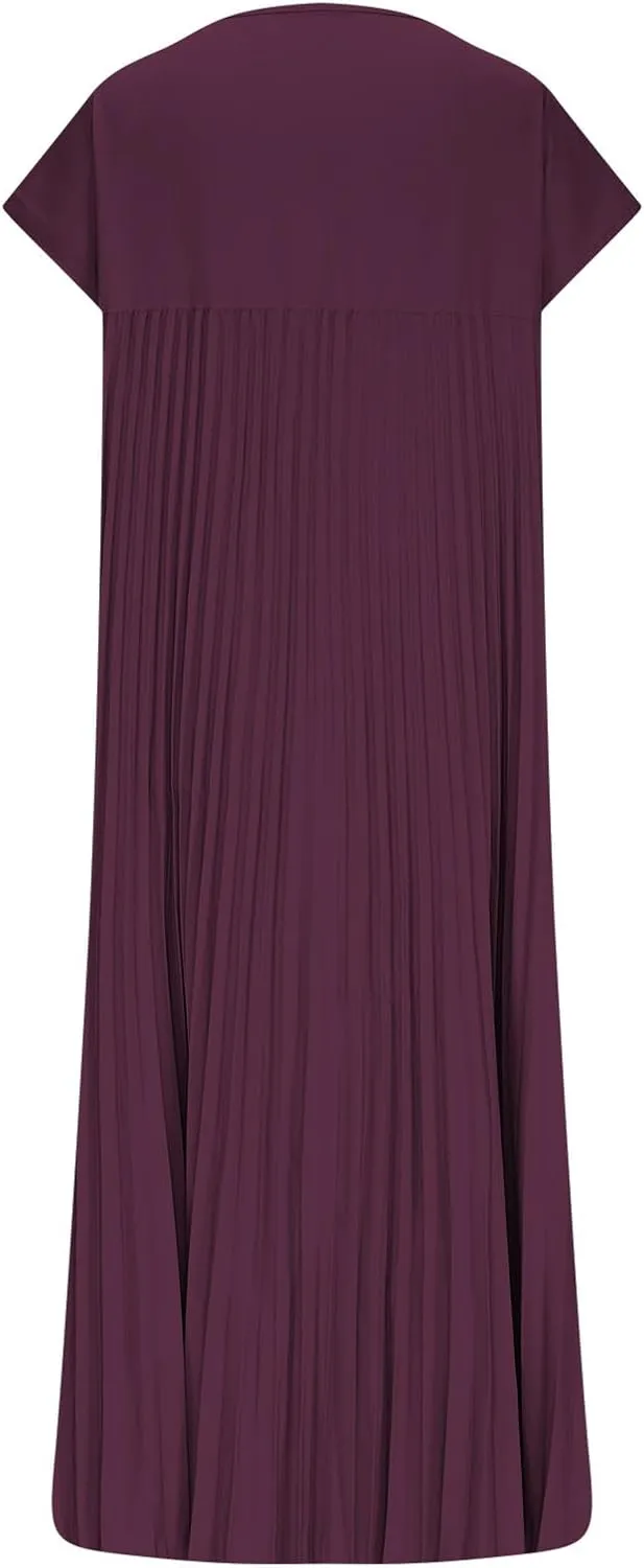 Xiaojmake Women Summer Pleated Midi Dress Plus Size Casual Cap Sleeve Crewneck Loose Flowy Swing Long Dress Hide Belly Fat