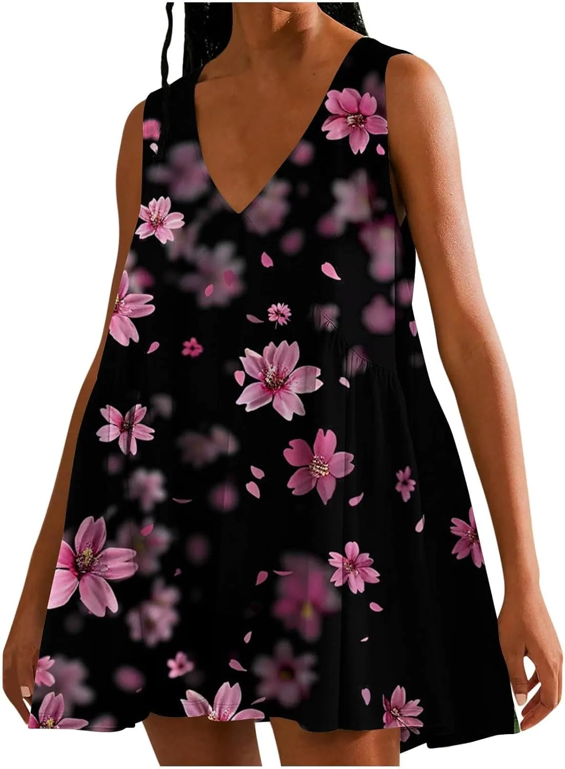 Xiaojmake Womens Babydoll Dress Summer Sleeveless Mini Dress V Neck Floral Dress Casual Ruffle Tiered Swing Beach Sundress