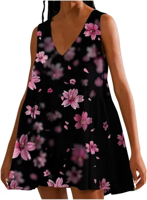 Xiaojmake Womens Babydoll Dress Summer Sleeveless Mini Dress V Neck Floral Dress Casual Ruffle Tiered Swing Beach Sundress