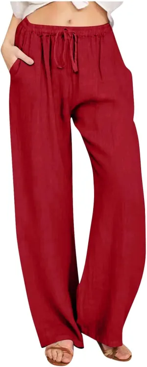 Xiaojmake Womens Linen Palazzo Pants Summer Loose Wide Leg Pants Drawstring Tie Elastic High Waist Trousers with Side Pockets