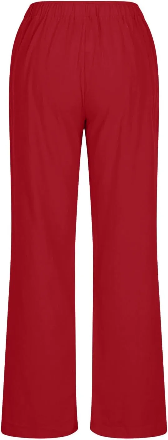 Xiaojmake Womens Linen Palazzo Pants Summer Loose Wide Leg Pants Drawstring Tie Elastic High Waist Trousers with Side Pockets