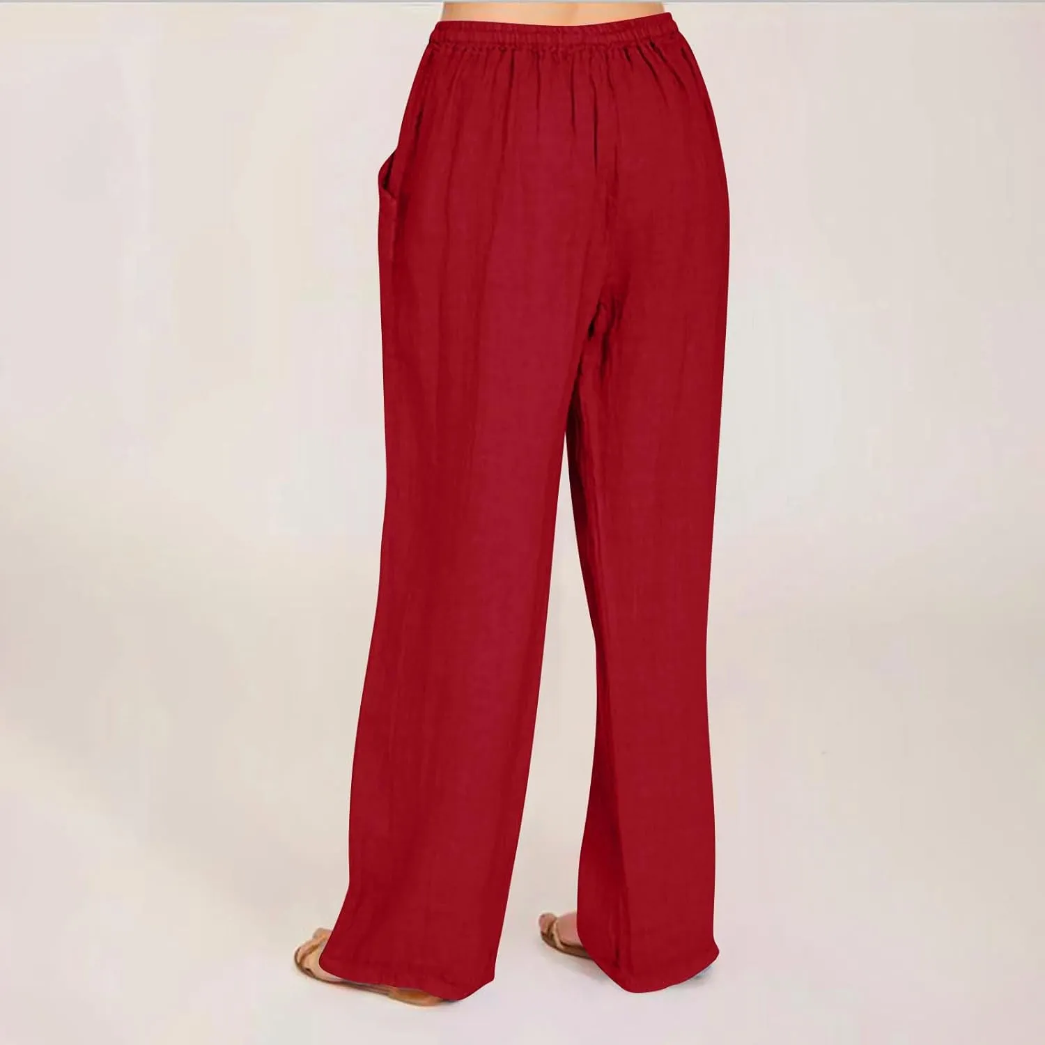 Xiaojmake Womens Linen Palazzo Pants Summer Loose Wide Leg Pants Drawstring Tie Elastic High Waist Trousers with Side Pockets