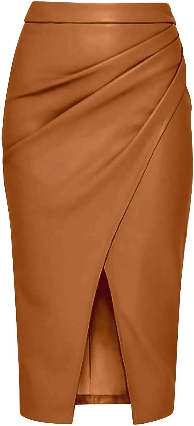XOWRTE Women Midi Skirts Women Casual Solid Color Pu Skirt Solid Color High Waist Irregular Sexy Pleated Hip Skirt