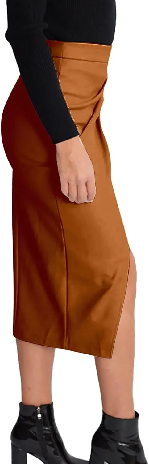 XOWRTE Women Midi Skirts Women Casual Solid Color Pu Skirt Solid Color High Waist Irregular Sexy Pleated Hip Skirt