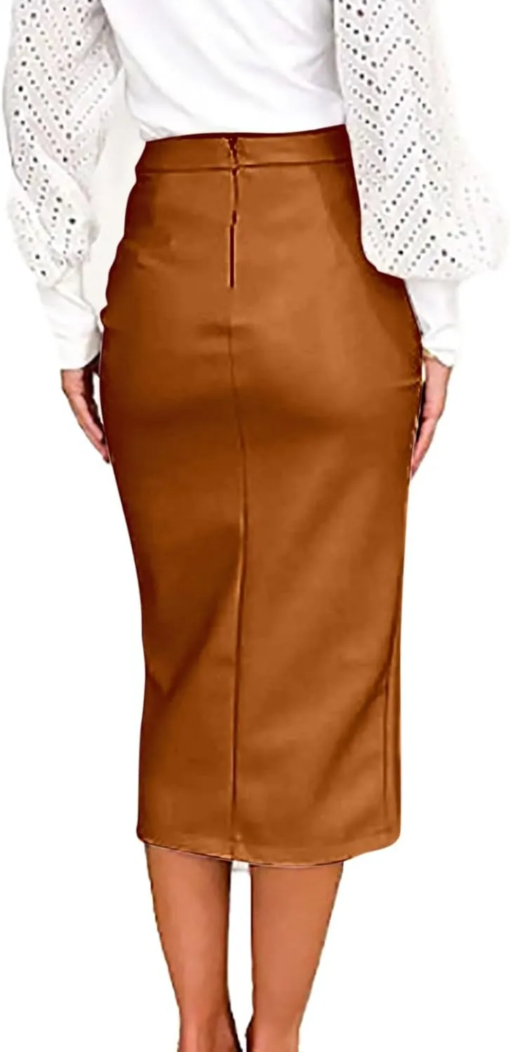 XOWRTE Women Midi Skirts Women Casual Solid Color Pu Skirt Solid Color High Waist Irregular Sexy Pleated Hip Skirt