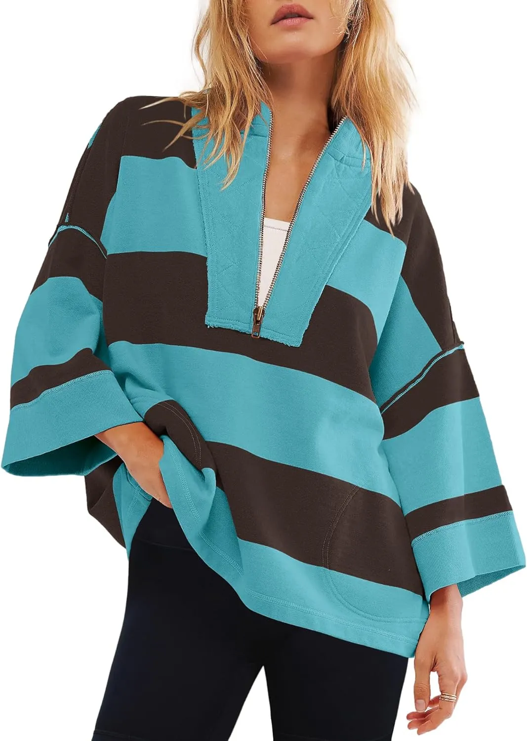 Yanekop Womens Oversized Striped Shirt Half Zip Sweatshirt Color Block V Neck Top Casual Loose Pullover Y2k