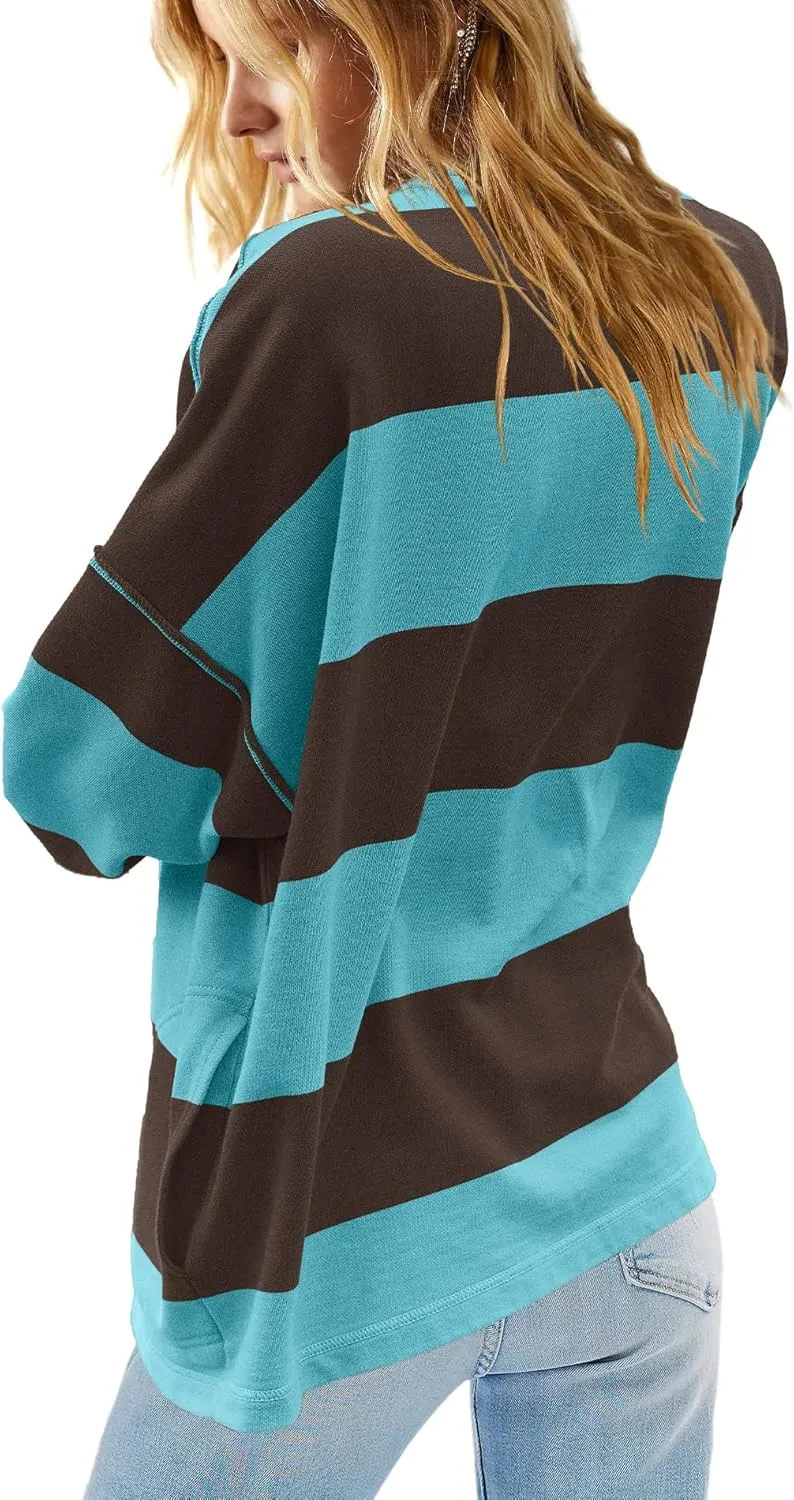 Yanekop Womens Oversized Striped Shirt Half Zip Sweatshirt Color Block V Neck Top Casual Loose Pullover Y2k