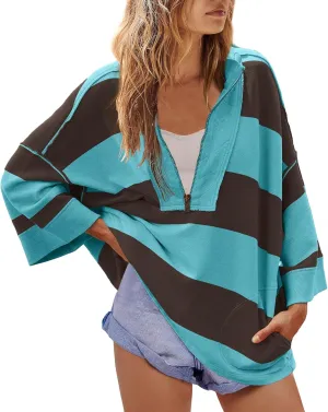 Yanekop Womens Oversized Striped Shirt Half Zip Sweatshirt Color Block V Neck Top Casual Loose Pullover Y2k