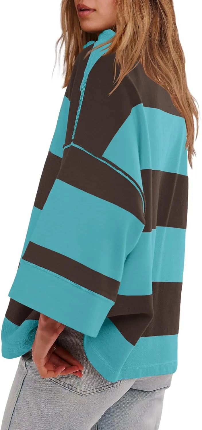 Yanekop Womens Oversized Striped Shirt Half Zip Sweatshirt Color Block V Neck Top Casual Loose Pullover Y2k