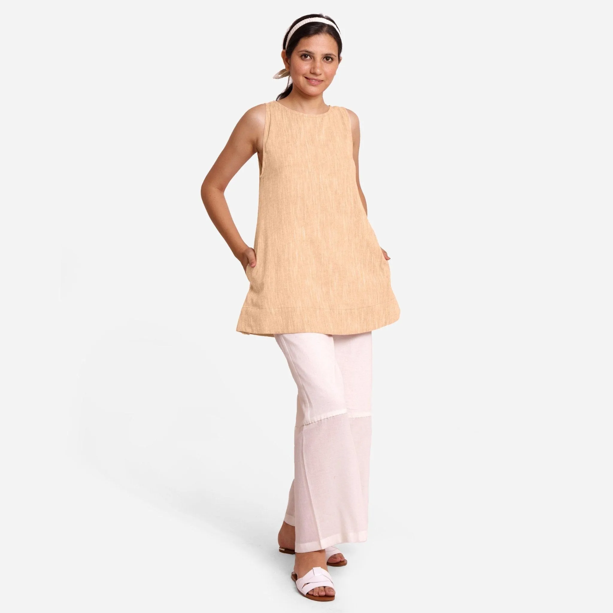 Yellow 100% Cotton Sleeveless Mini Tunic Dress