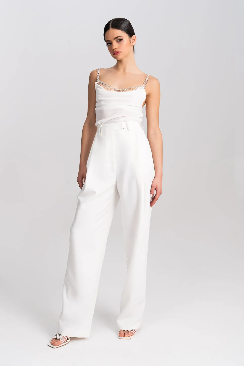 'Zahra' White Pleated Wide-leg Trousers