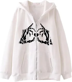 Zip Up Hoodie for Women Oversized Skeleton Graphic Pockets Drawstring Y2K Hooded Sweatshirts Cpmfort Travel Zipper Hoodie