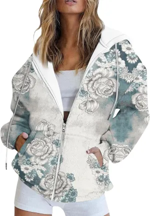 Zip Up Hoodie Long Sleeve Hooded Coat Graphic Jacket with Pockets Trendy Sweatshirts Loose Fit Hoodies