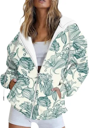 Zip Up Hoodie Long Sleeve Hooded Coat Graphic Jacket with Pockets Trendy Sweatshirts Loose Fit Hoodies
