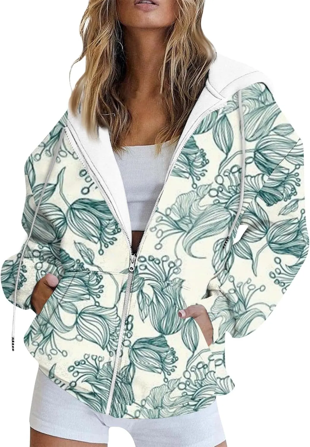 Zip Up Hoodie Long Sleeve Hooded Coat Graphic Jacket with Pockets Trendy Sweatshirts Loose Fit Hoodies