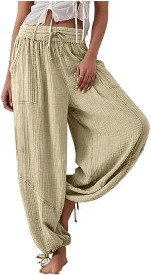 ZOCANIA Boho Pants for Womens Cotton Linen Ruffle Wide Leg Palazzo Pants Casual Lounge Trousers Summer Beach Baggy Joggers